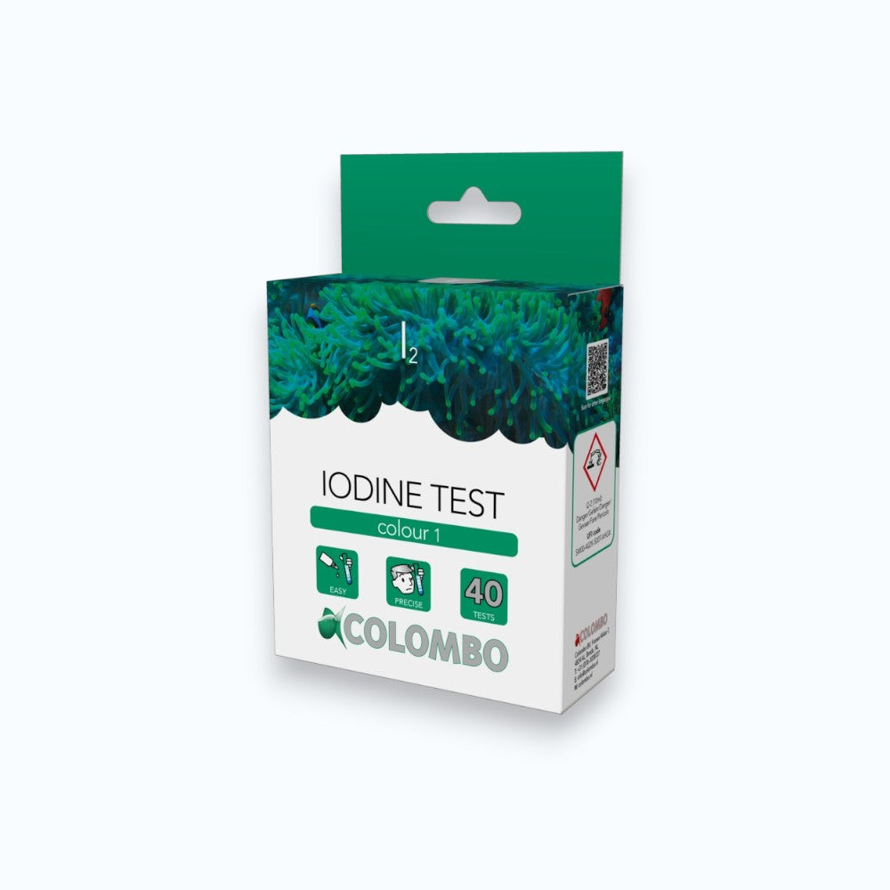 Boîte Colombo Marine Iodine Test – Kit colorimétrique 40 tests pour mesurer l'iode en aquarium récifal, méthode Colour 1, idéal coraux mous et invertébrés