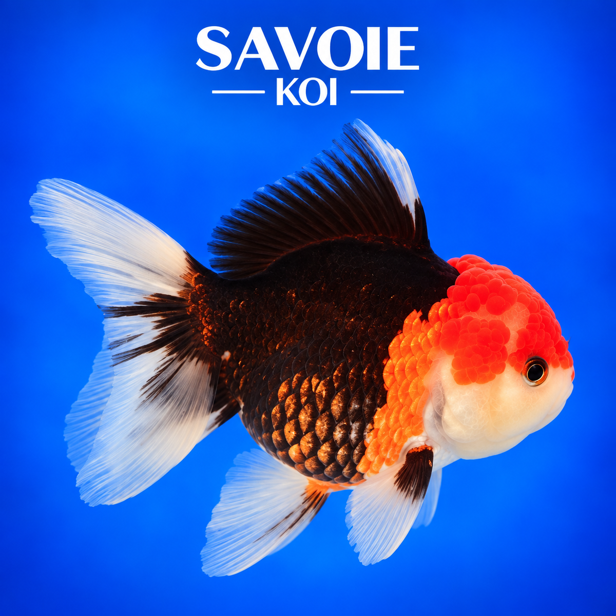 Oranda Tricolore de 8 à 10 cm aux motifs multicolores, spécimen 55 sélectionné par Savoie Koi