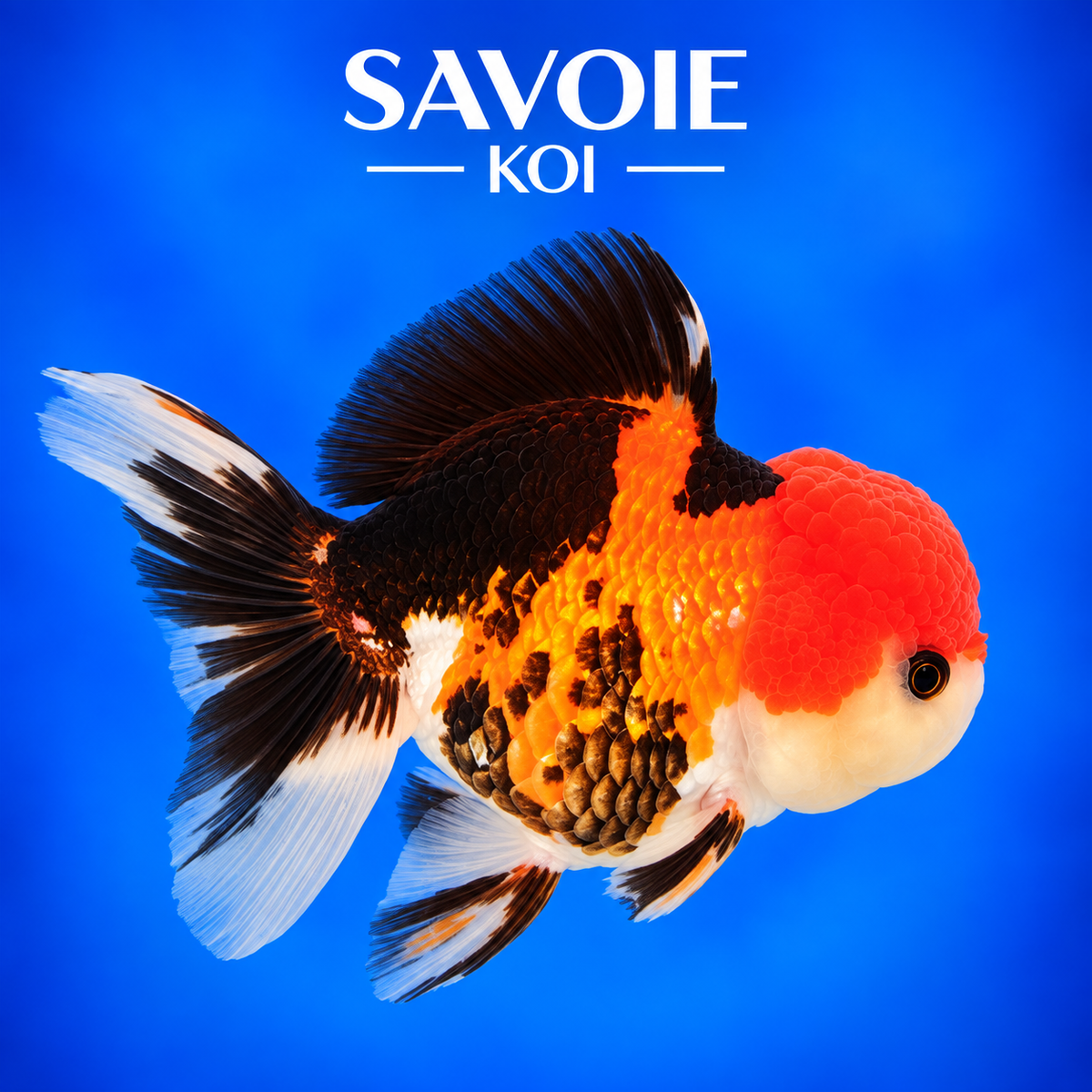 Oranda Tricolore de 8 à 10 cm aux motifs multicolores, spécimen 56 sélectionné par Savoie Koi