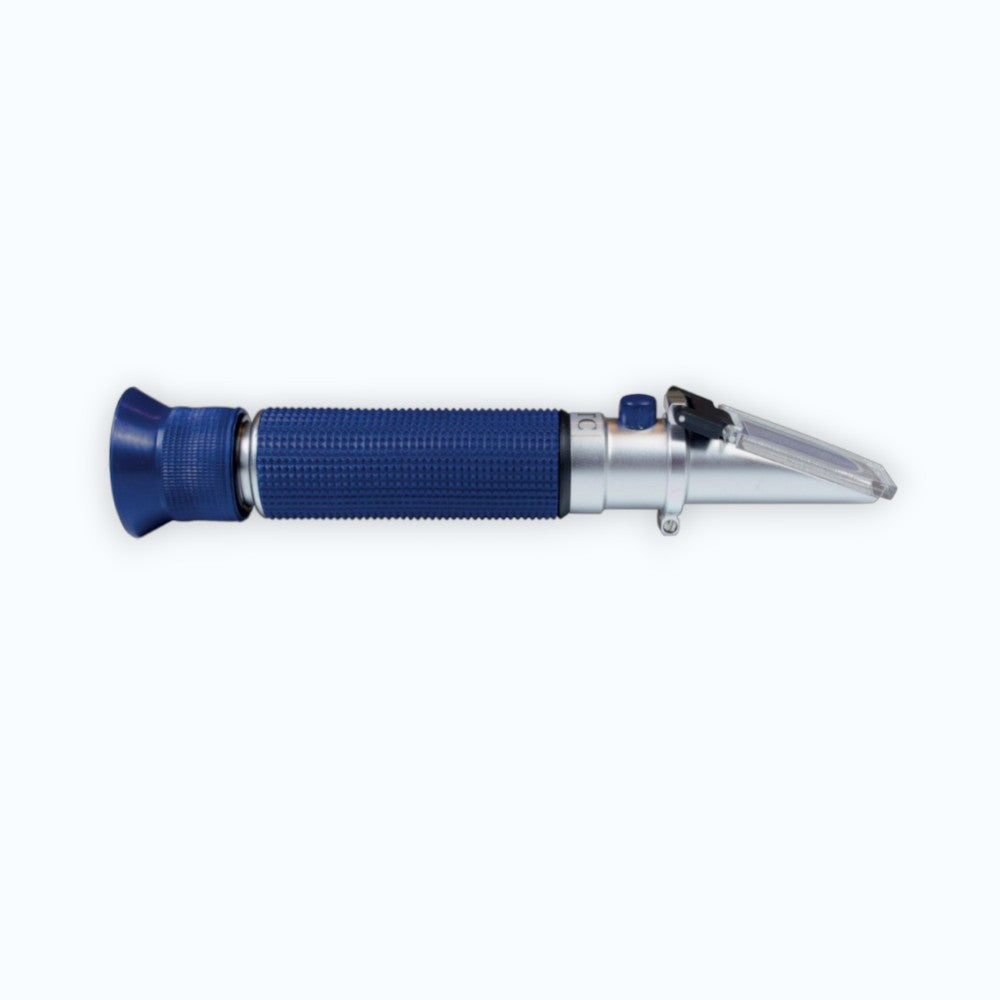 Réfractomètre Blue Marine – Instrument optique double échelle salinité et densité, compensation ATC, corps aluminium et grip bleu, aquarium marin récifal