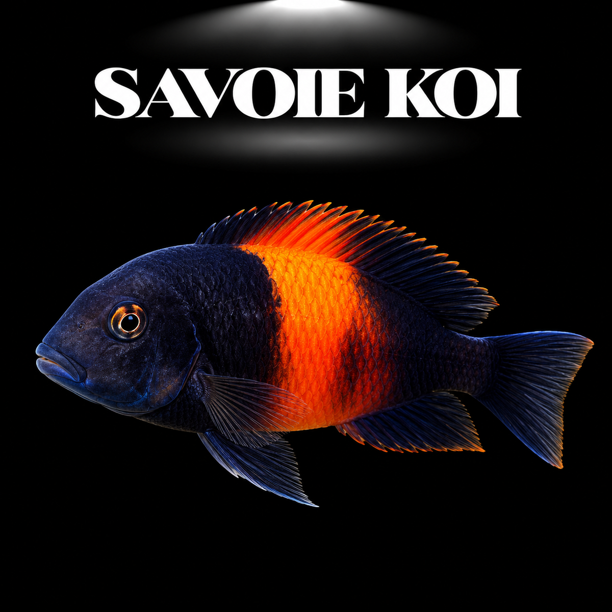 Tropheus moorii Bemba 3-4 cm — cichlide rupicole corps noir selle orange-rouge vif sur rochers, fond noir, SAVOIE KOI