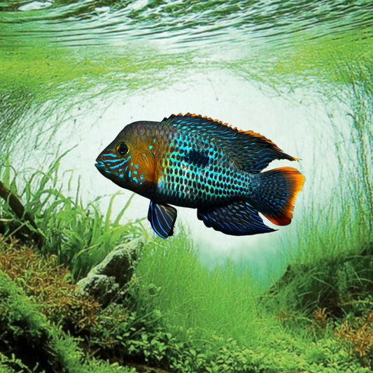 Aequidens rivulatus – Cichlide Turquoise, 9-10 cm, robe vert-turquoise irisée à écailles nacrées, front bossu caractéristique du mâle adulte, côtes équatoriennes