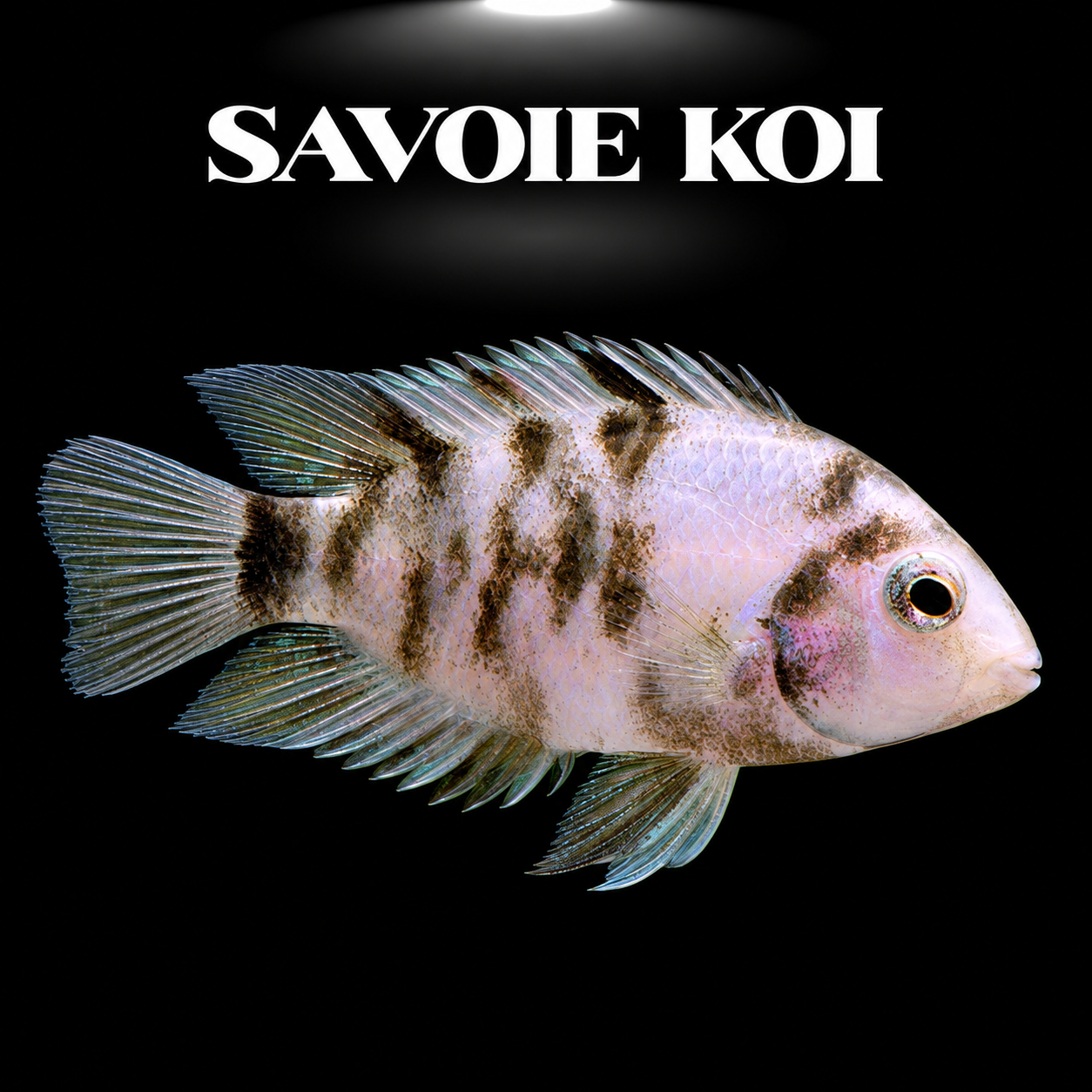 Amatitlania nigrofasciatum marble juvénile 3-4 cm, cichlідé convict aux motifs marbrés blanc, gris et noir, sur fond sombre – Savoie Koi