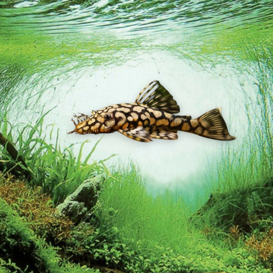 Ancistrus sp. L519 – Pleco Brosse Nain, juvénile 3-4 cm, corps brun foncé ponctué de points blancs, tentacules frontaux caractéristiques