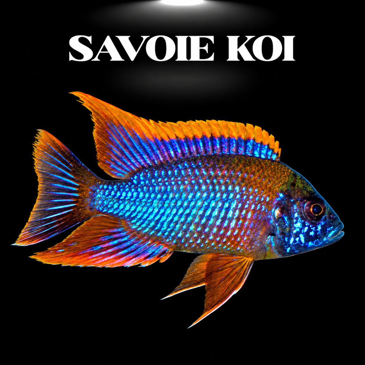 Aulonocara Lwanda Red Top mâle, cichlidé Paon du lac Malawi, nageoire dorsale rouge vif et corps bleu métallisé sur fond noir — Savoie Koi