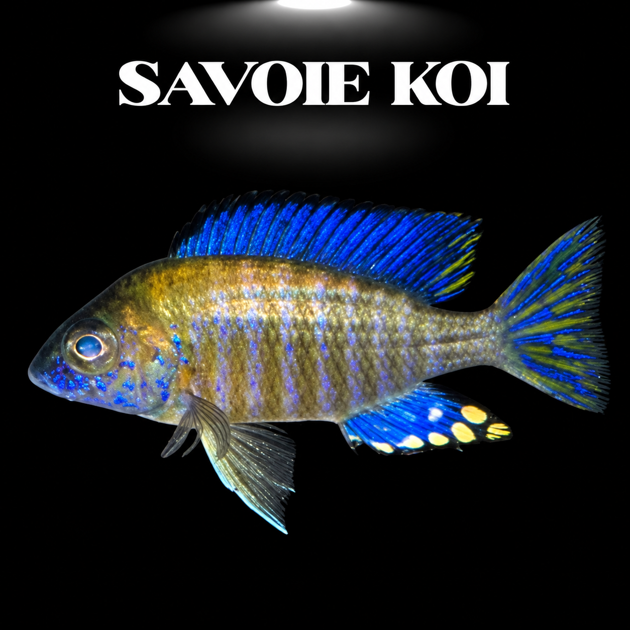 Aulonocara ethelwynnae mâle, cichlidé Paon du lac Malawi, livrée bleue et dorée sur fond noir — Savoie Koi