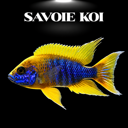 Aulonocara jacobfreibergi Mamelela mâle, cichlidé Paon du lac Malawi, livrée bleue métallisée et nageoires orangées sur fond noir — Savoie Koi