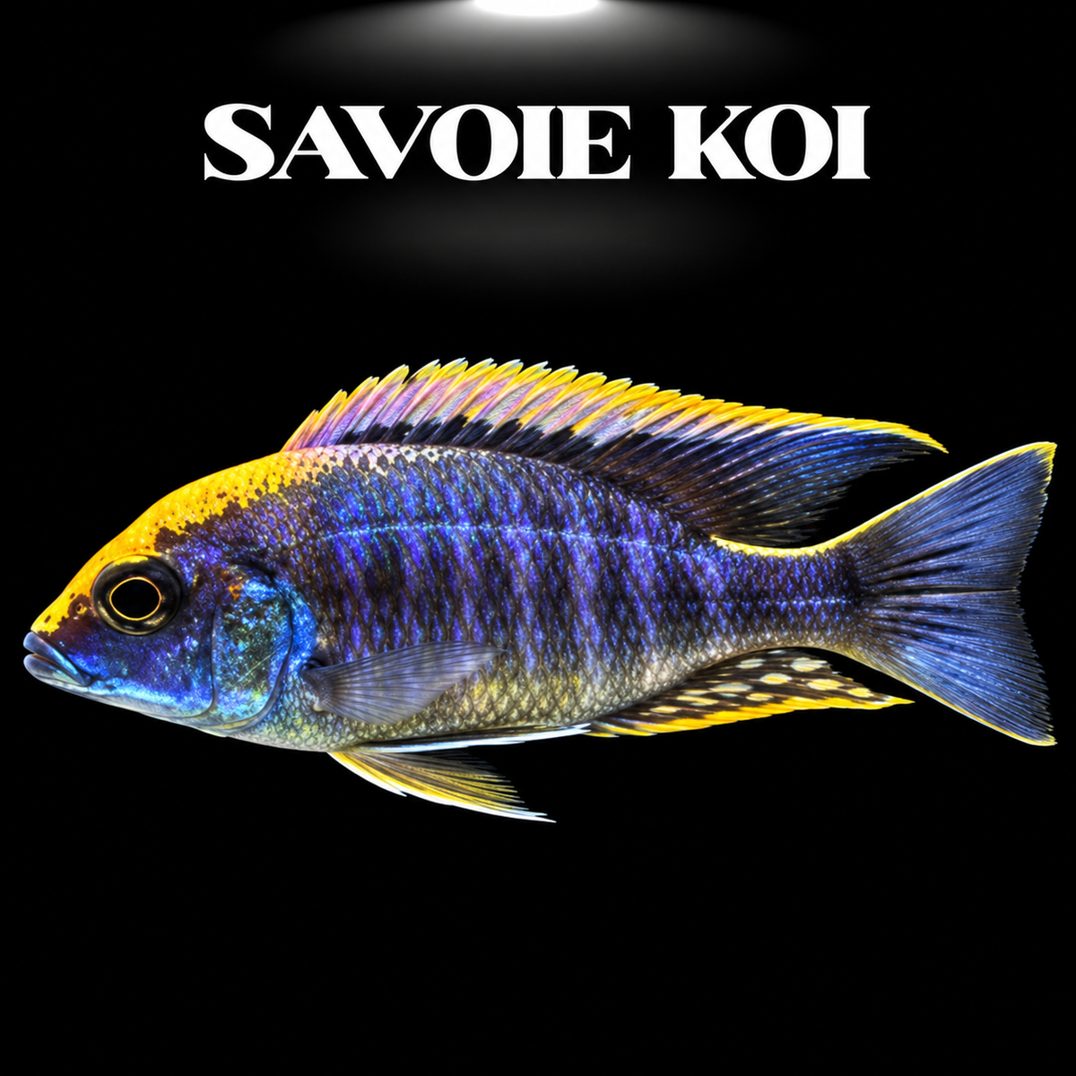 Aulonocara maylandi Yellow Head mâle, cichlidé Paon du lac Malawi, tête jaune vif et corps bleu-violet métallisé sur fond noir — Savoie Koi