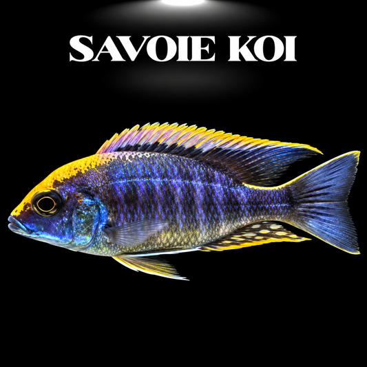 Aulonocara maylandi Yellow Head mâle, cichlidé Paon du lac Malawi, tête jaune vif et corps bleu-violet métallisé sur fond noir — Savoie Koi