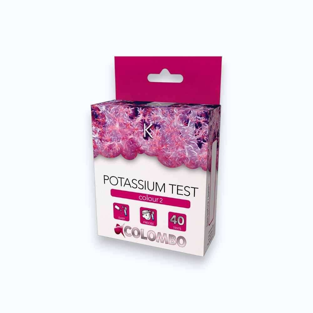 Boîte Colombo Kalium Potassium Test – Kit colorimétrique 40 tests pour mesurer le potassium en aquarium récifal, méthode Colour 2, idéal coraux SPS LPS