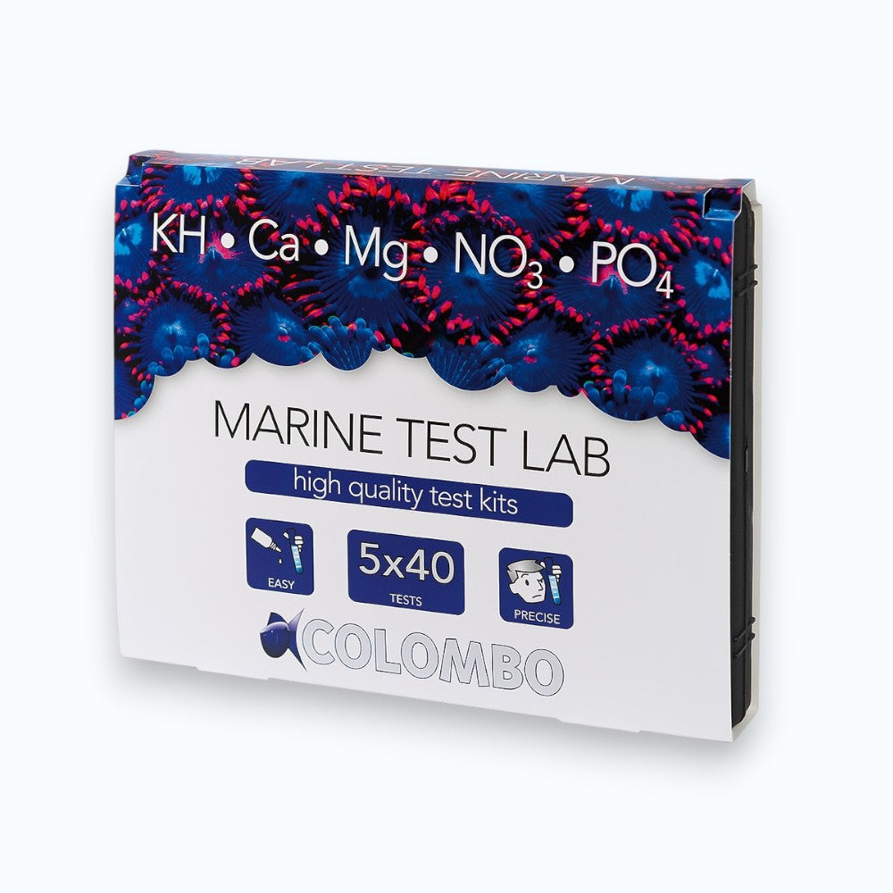 Boîte Colombo Marine Test Lab – Kit 5x40 tests KH, Ca, Mg, NO3, PO4 pour aquarium récifal, high quality test kits, idéal coraux SPS et LPS