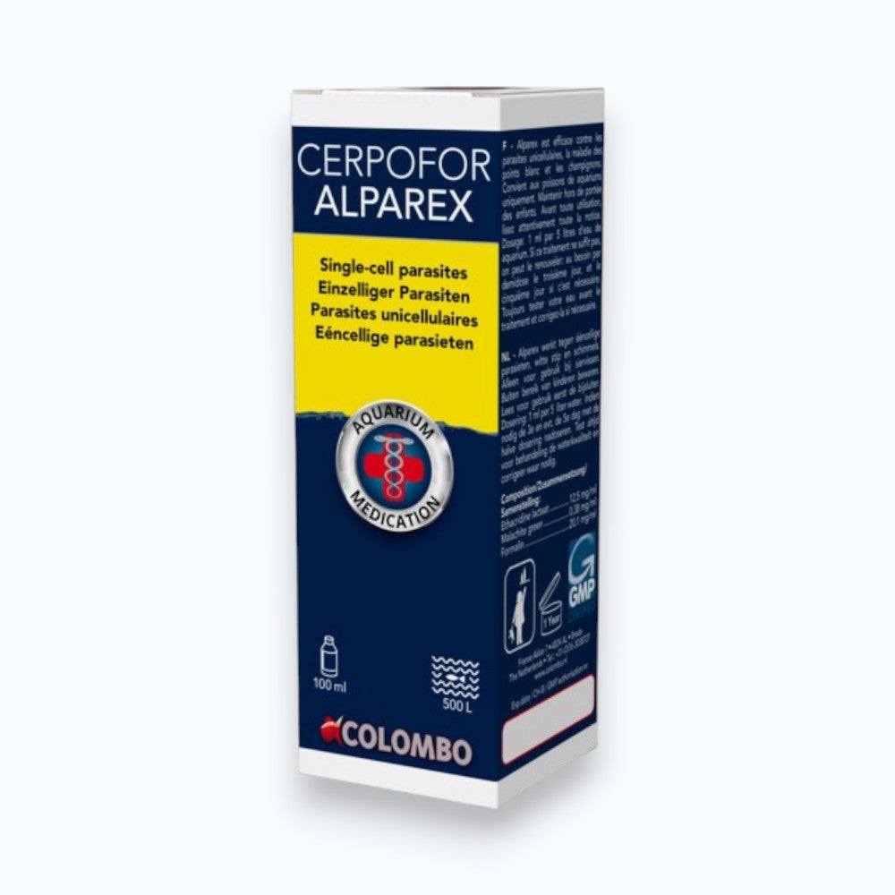 Boîte de CERPOFOR Alparex 100 ml, médicament d'aquarium Colombo contre les parasites unicellulaires des poissons