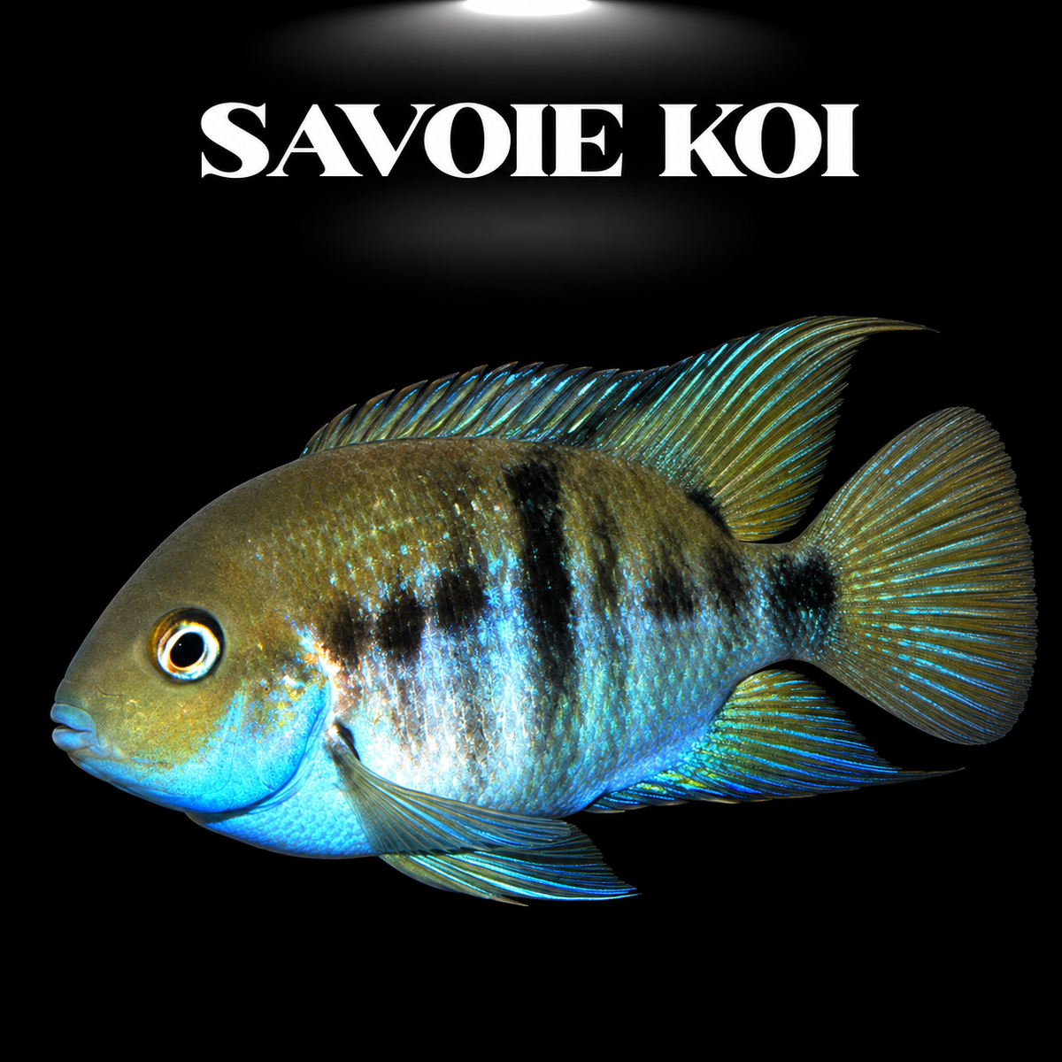 Cichlasoma sajica juvénile 3-4 cm, cichlідé T-bar du Costa Rica aux reflets ocre et turquoise, sur fond sombre – Savoie Koi