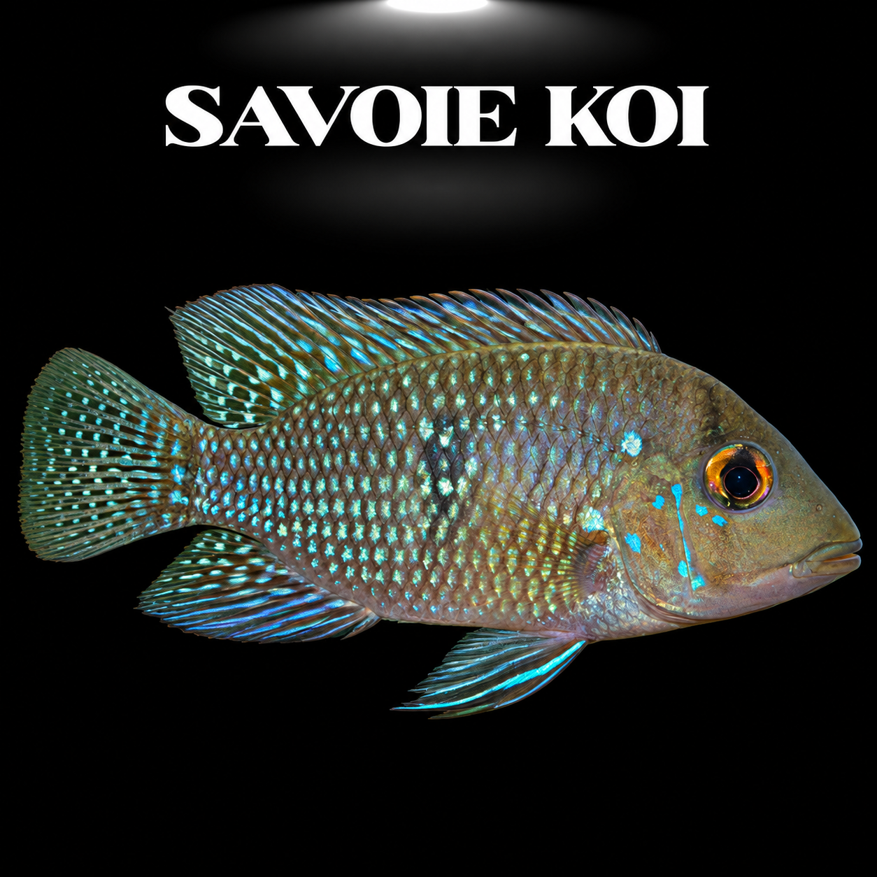 Geophagus brasiliensis 5-6 cm, géophage du Brésil aux écailles nacrées et reflets verts et dorés avec point noir latéral, sur fond sombre – Savoie Koi