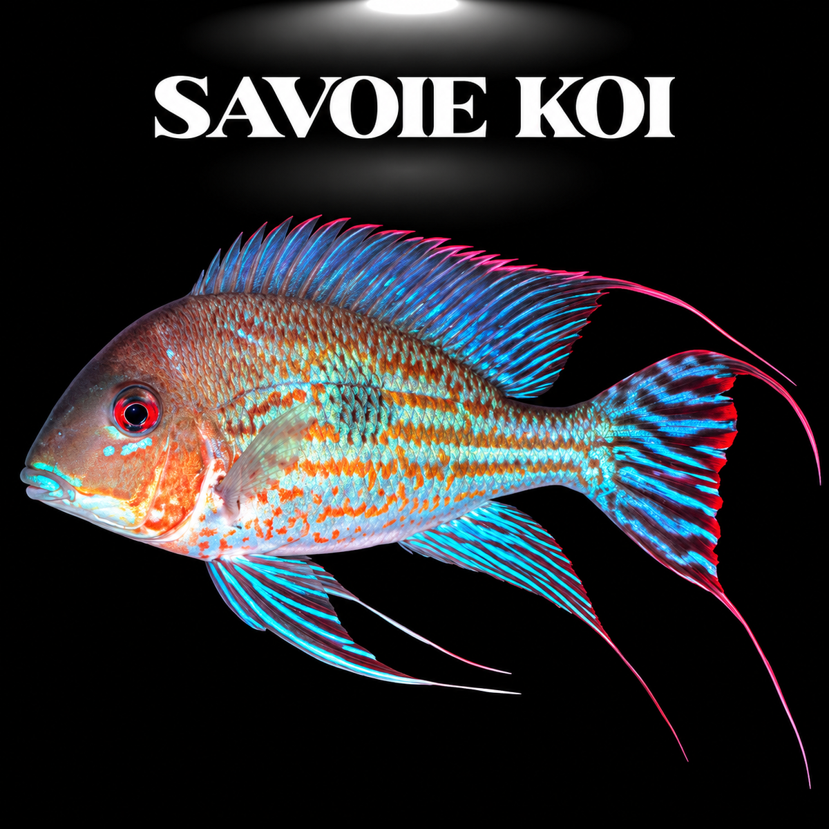 Geophagus megasema 6-7 cm, géophage amazonien aux reflets bleu-vert métalliques et grande tache noire latérale, sur fond sombre – Savoie Koi