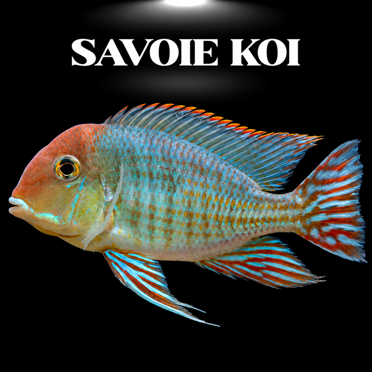 Geophagus sp. Tapajós Red Head 4-5 cm, géophage à tête rouge orangée éclatante et flancs argentés nacrés du Rio Tapajós, sur fond sombre – Savoie Koi