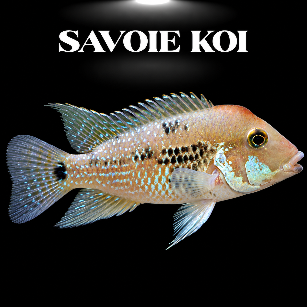 Geophagus steindachneri 5-6 cm, géophage de Steindachner mâle à bosse frontale et joues rouge-orangé, sur fond sombre – Savoie Koi