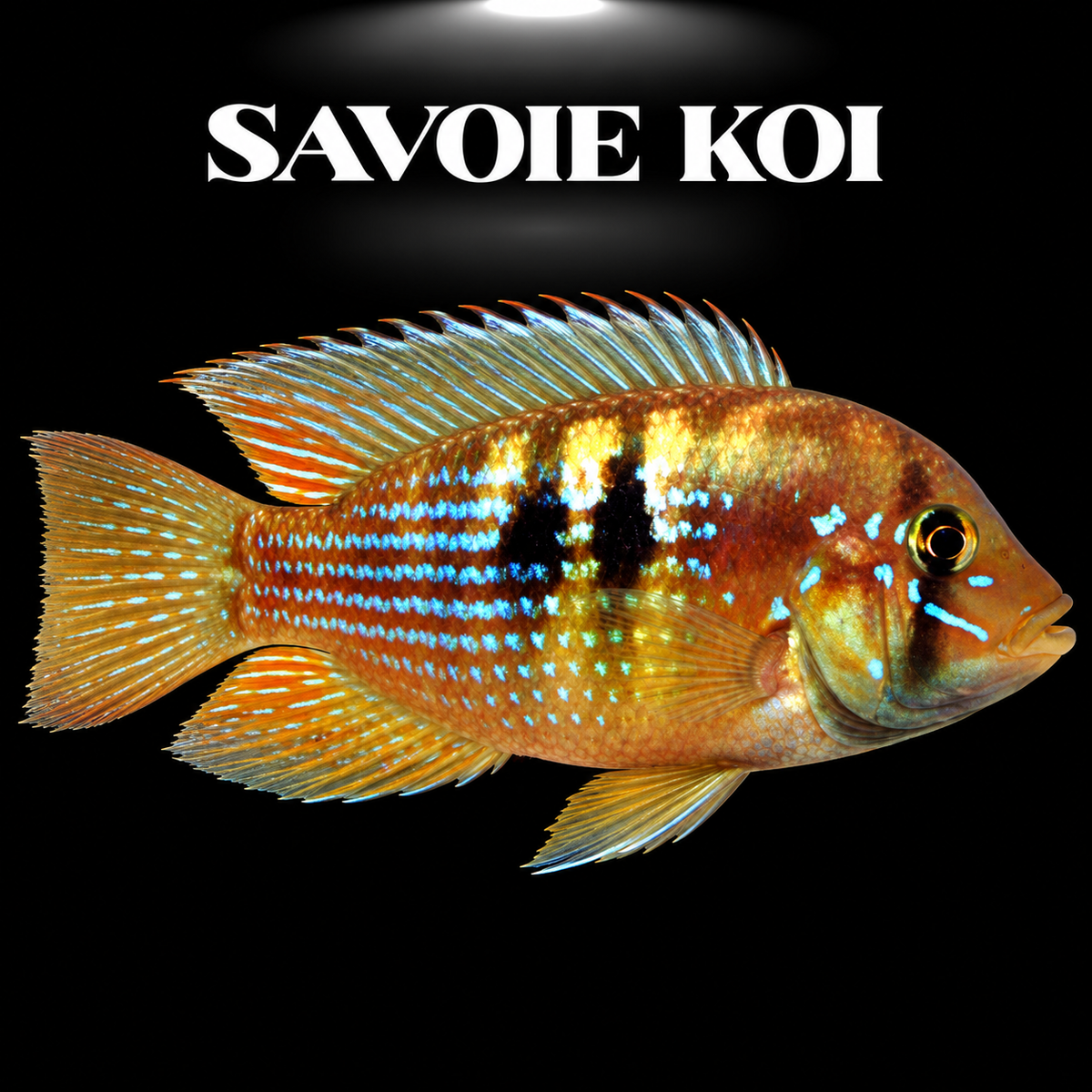 Gymnogeophagus rhabdotus juvénile 3-4 cm, géophage rayé du Paraná aux bandes verticales sombres sur robe beige dorée nacrée, sur fond sombre – Savoie Koi