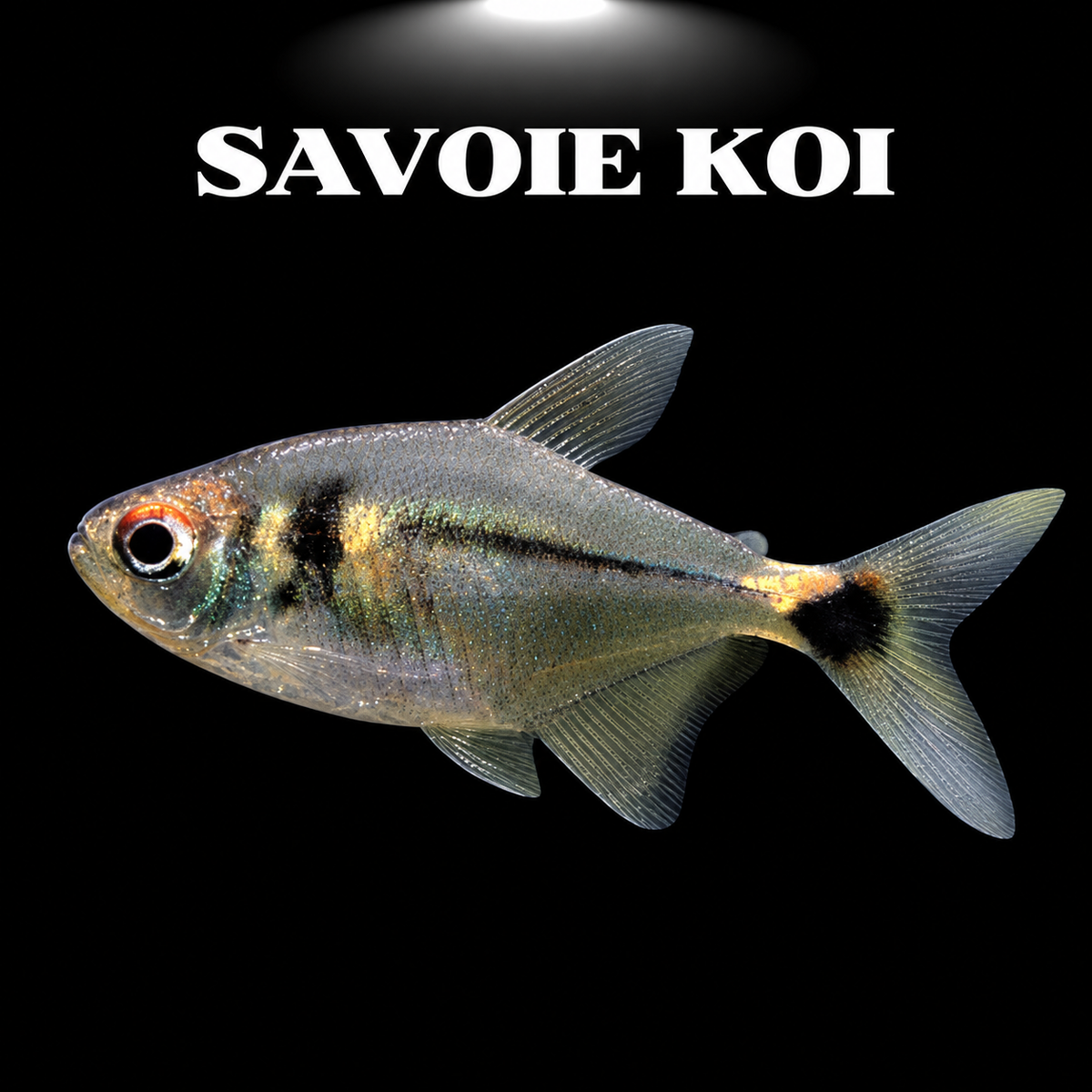 Hemigrammus ocellifer (Tétra phare) dans aquarium planté amazonien, montrant la tache oculaire dorée brillante caractéristique à la base de la nageoire caudale et le corps argenté aux reflets dorés