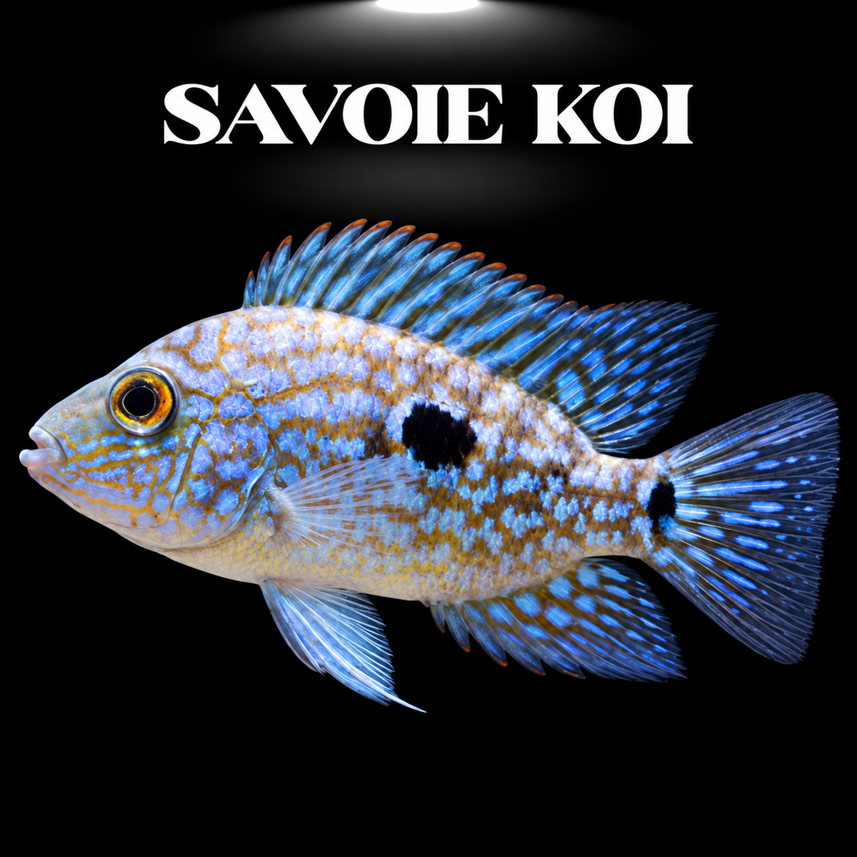 Herichthys carpintis juvénile 4-5 cm, cichlідé perle du Mexique à robe sombre parsemée de points blanc nacré étincelants, sur fond sombre – Savoie Koi