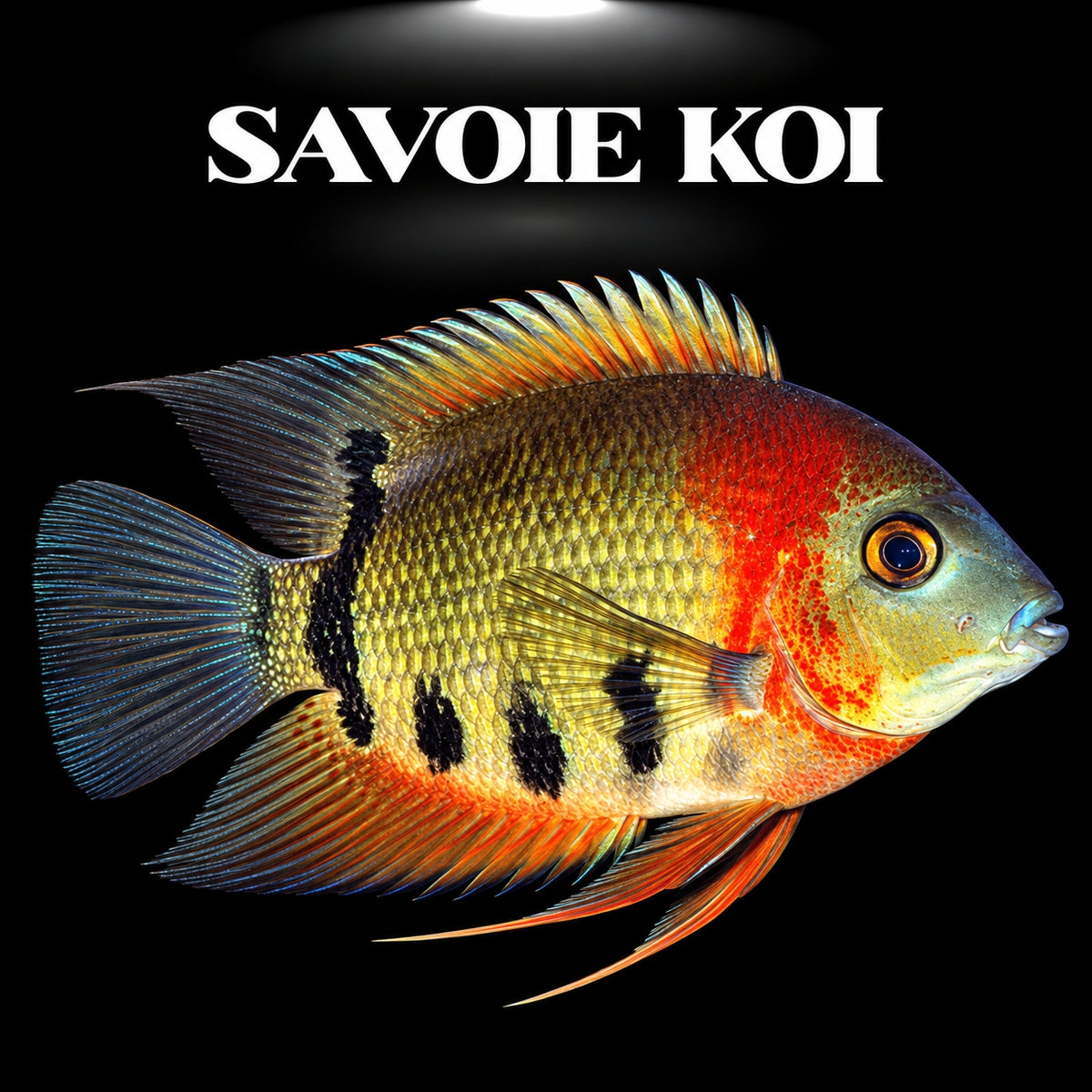 Heros efasciatus Red Back 6-7 cm, Severum amazonien au dos rouge-orangé intense contrastant avec les flancs verts dorés nacrés, sur fond sombre – Savoie Koi