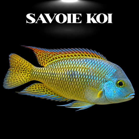 Hypsophrys nicaraguensis juvénile 4-5 cm, cichlідé Nicaragua aux reflets dorés, oranges et verts irisés, sur fond sombre – Savoie Koi