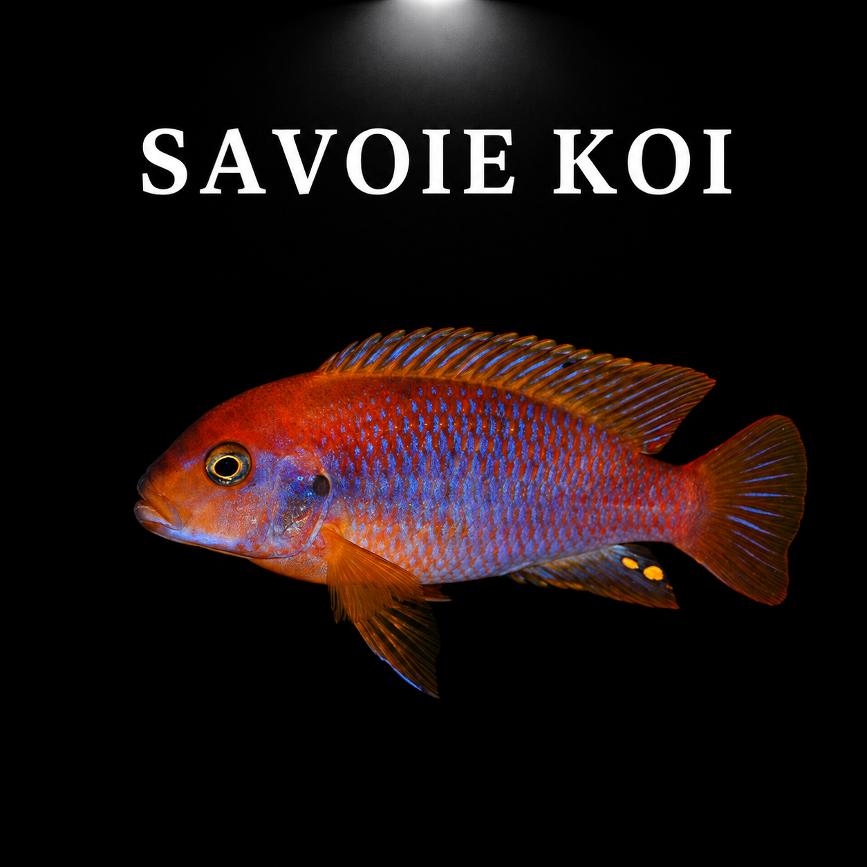 Iodotropheus sprengerae Rusty Cichlid – mâle adulte brun-violet aux reflets rouille irisés, taches ovales jaunes sur nageoire anale, cichlidé Mbuna du lac Malawi – Savoie Koi