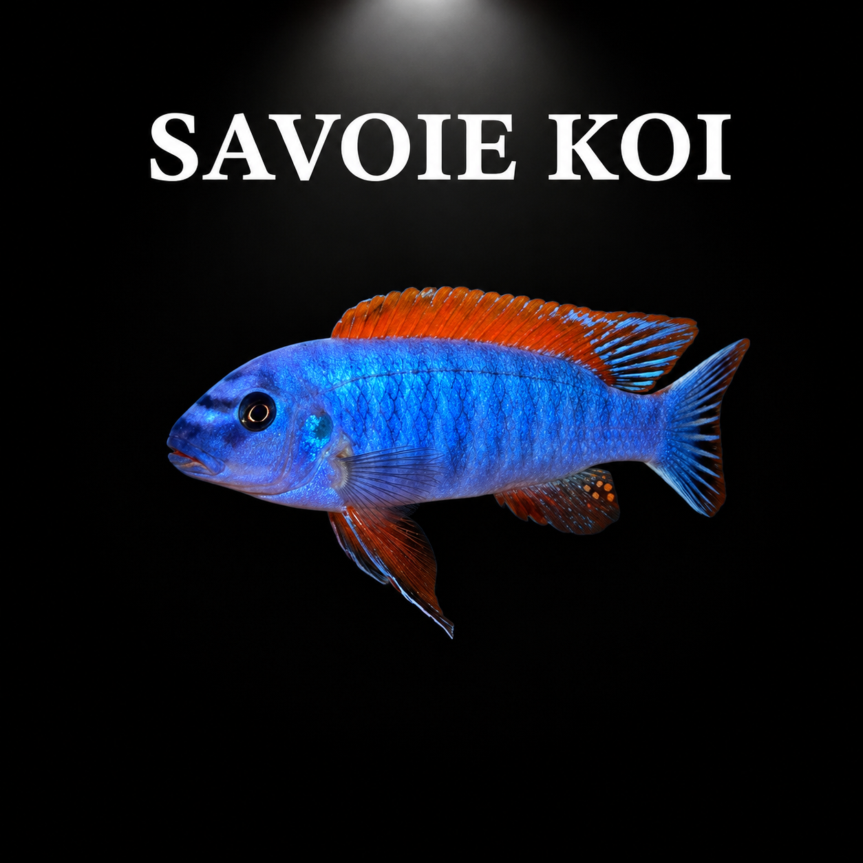 Labeotropheus trewavasae Thumbi West – mâle adulte bleu électrique à nageoire dorsale et nageoires ventrales rouge-orangé vif, museau proéminent orienté vers le bas, cichlidé Mbuna du lac Malawi – Savoie Koi