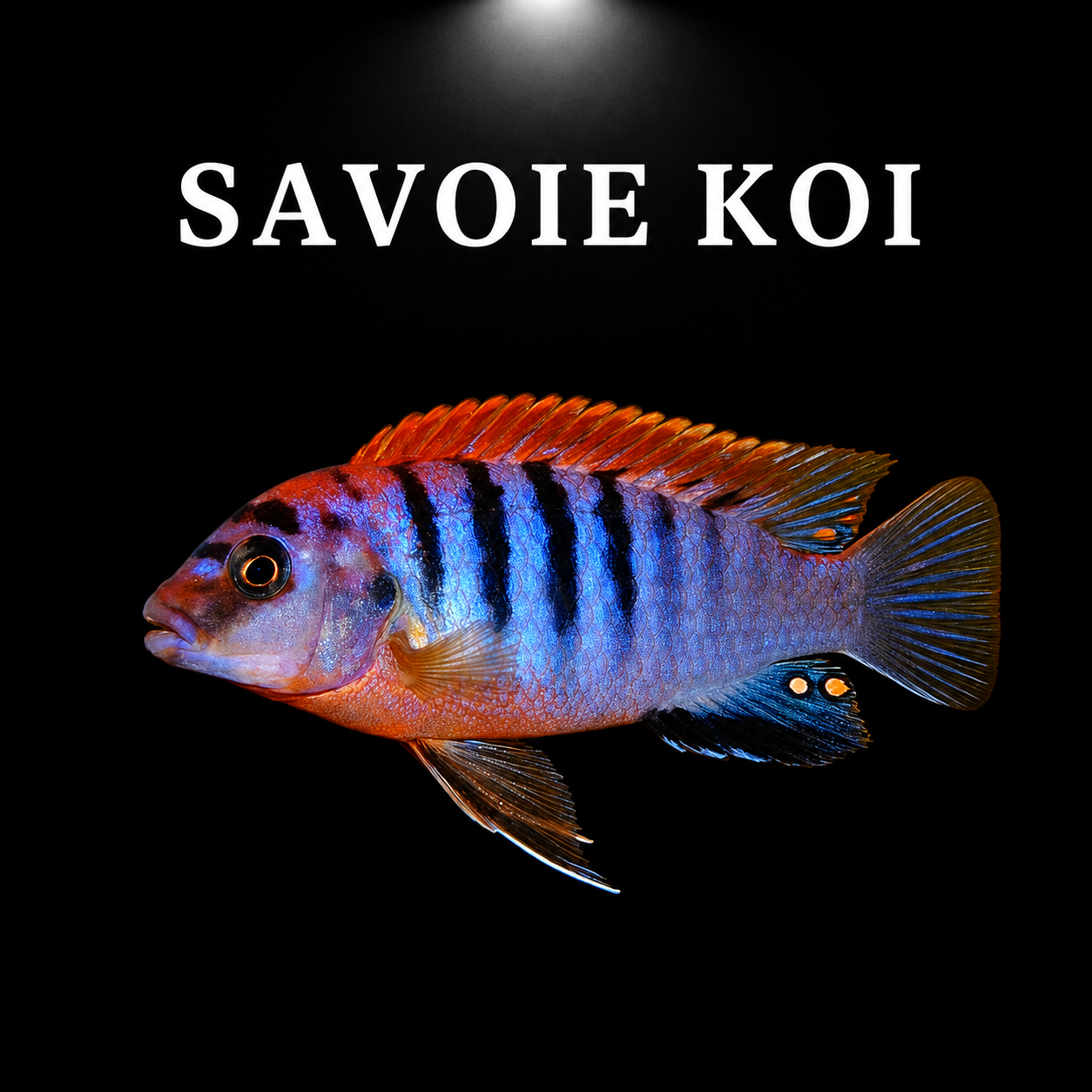 Labidochromis hongi Red Top – mâle adulte bleu-violet foncé à barres noires et nageoire dorsale rouge vif éclatant, taches jaunes sur nageoire anale, cichlidé Mbuna du lac Malawi – Savoie Koi