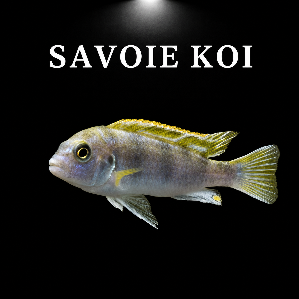 Labidochromis perlmutt – mâle adulte jaune perlé aux reflets nacrés, nageoire dorsale bordée de noir, cichlidé Mbuna du lac Malawi – Savoie Koi