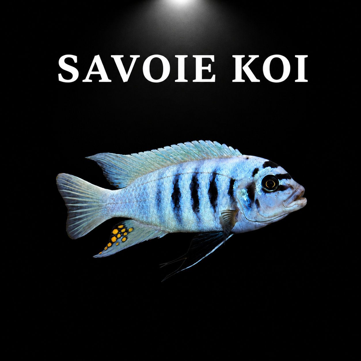Maylandia fainzilberi Maison Reef F1 – mâle bleu ciel à larges barres verticales noires et taches jaunes sur nageoire anale, cichlidé Mbuna du lac Malawi – Savoie Koi