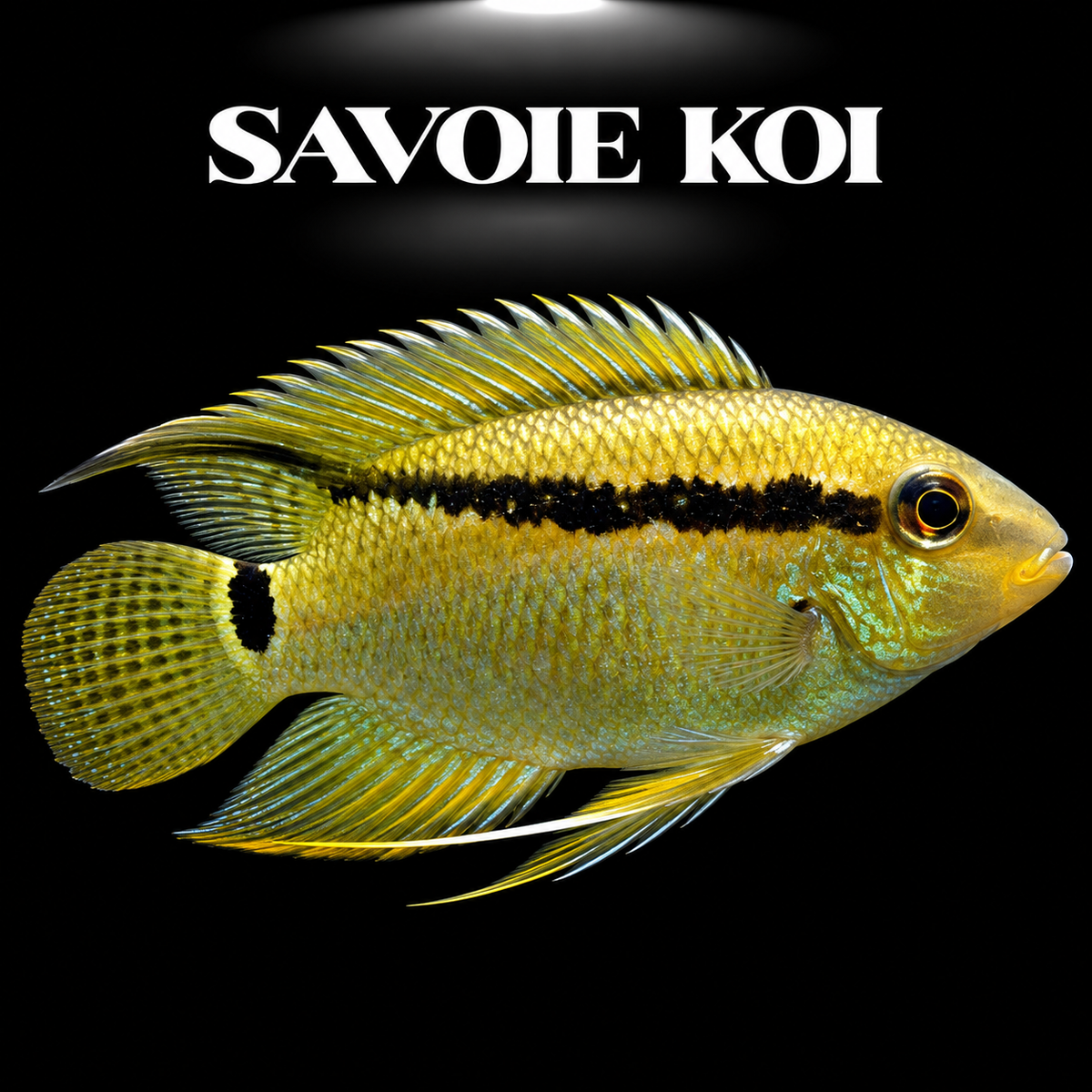 Mesonauta festivus juvénile 3-4 cm, cichlідé Festivum amazonien à bande diagonale noire distinctive sur robe argentée nacrée, sur fond sombre – Savoie Koi