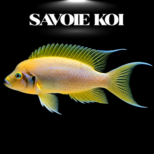 Neolamprologus pulcher "Daffodil" 4-5 cm — cichlide colonial jaune pâle filaments blancs en colonie sur rochers, fond noir, SAVOIE KOI