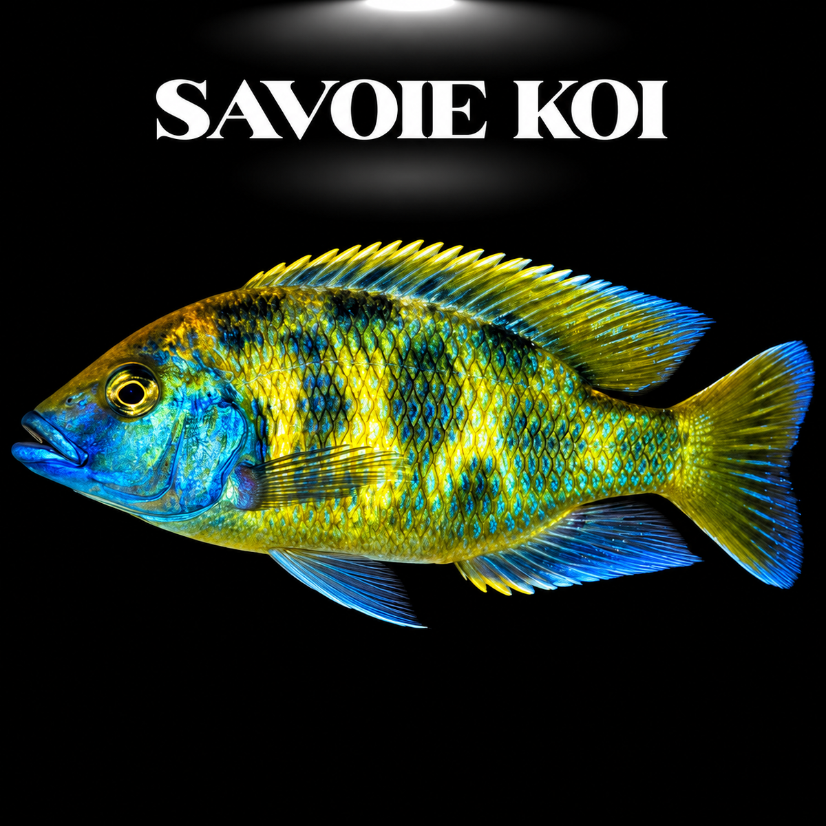 Nimbochromis venustus 6-7 cm — Giraffe Cichlid jaune doré tacheté brun, nuque bleue métallique, lac Malawi, spécimen sélectionné | Savoie Koi