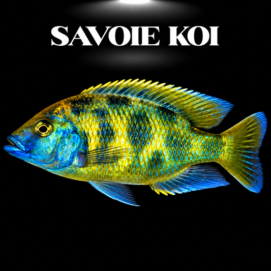 Nimbochromis venustus 6-7 cm — Giraffe Cichlid jaune doré tacheté brun, nuque bleue métallique, lac Malawi, spécimen sélectionné | Savoie Koi
