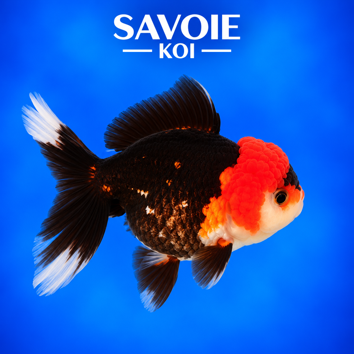 Oranda Tricolore de 8 à 10 cm aux motifs multicolores, spécimen 52 sélectionné par Savoie Koi 