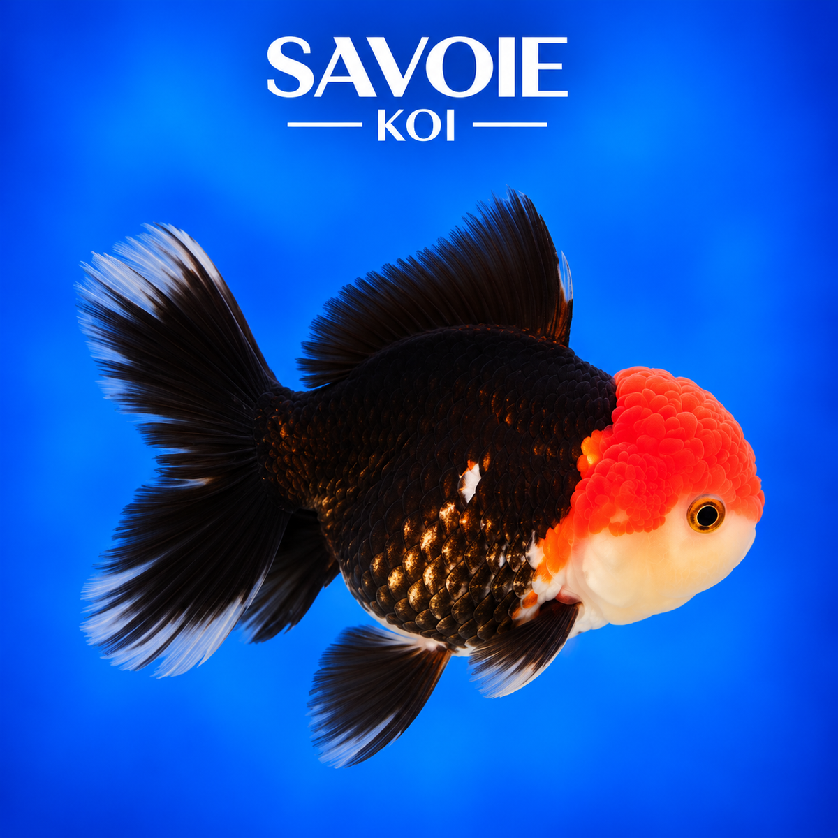 Oranda Tricolore de 8 à 10 cm aux motifs multicolores, spécimen 53 sélectionné par Savoie Koi