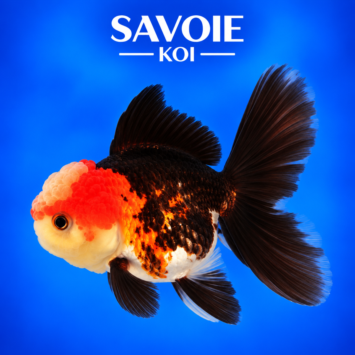 Oranda Tricolore de 8 à 10 cm aux motifs multicolores, spécimen 54 sélectionné par Savoie Koi