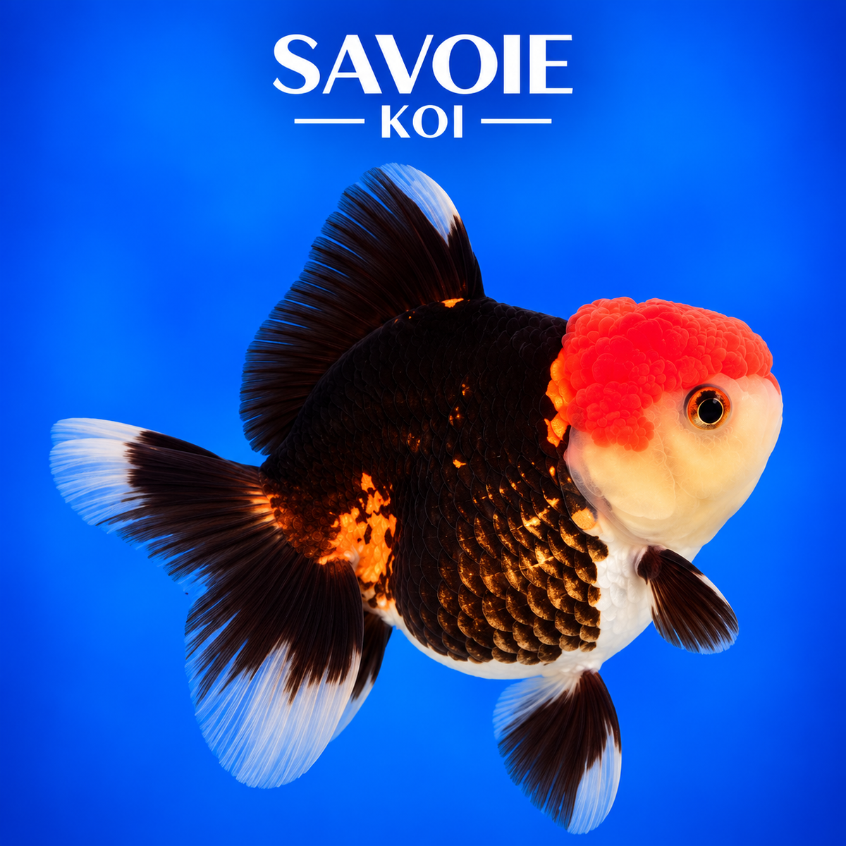Oranda Tricolore de 8 à 10 cm aux motifs multicolores, spécimen 57 sélectionné par Savoie Koi