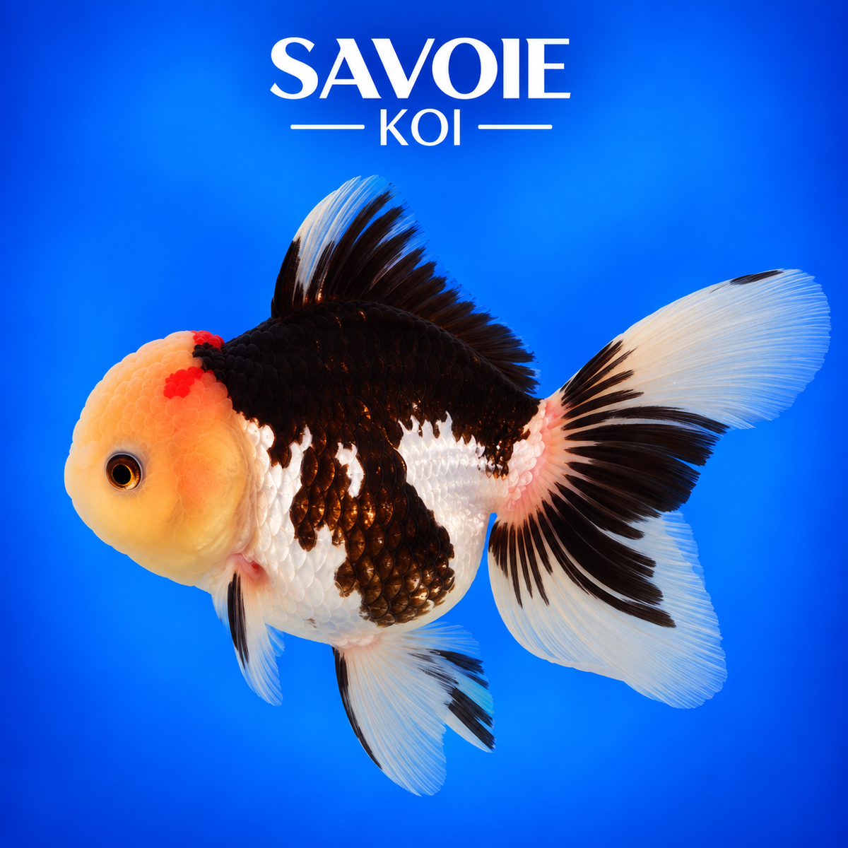 Oranda Tricolore de 8 à 10 cm aux motifs multicolores, spécimen 58 sélectionné par Savoie Koi