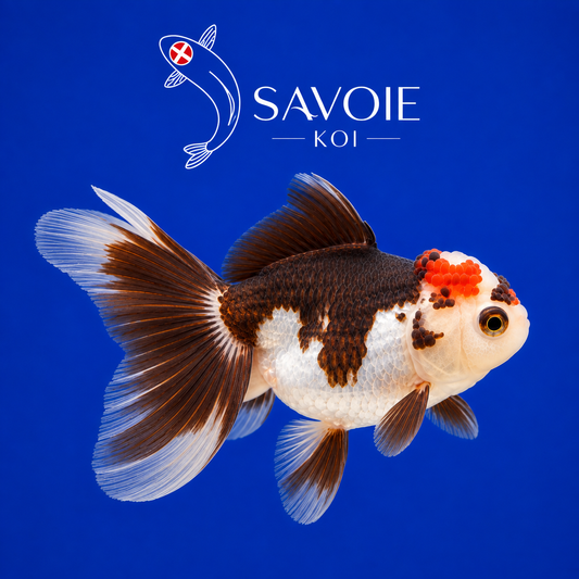 Oranda Tricolore 8-10 cm - Spécimen 6 | Poisson rouge premium noir, blanc et rouge, wen rouge vif, nageoires voile bicolores | Savoie Koi