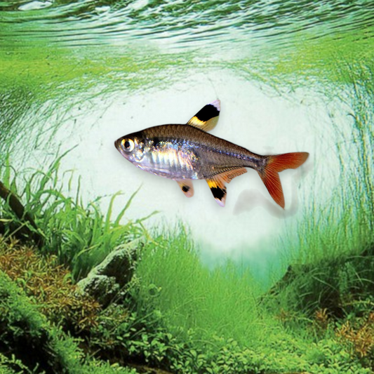 Pristella maxillaris (Tétra pristella) - Poisson tropical d'aquarium au corps translucide argenté avec nageoires jaunes, noires et blanches