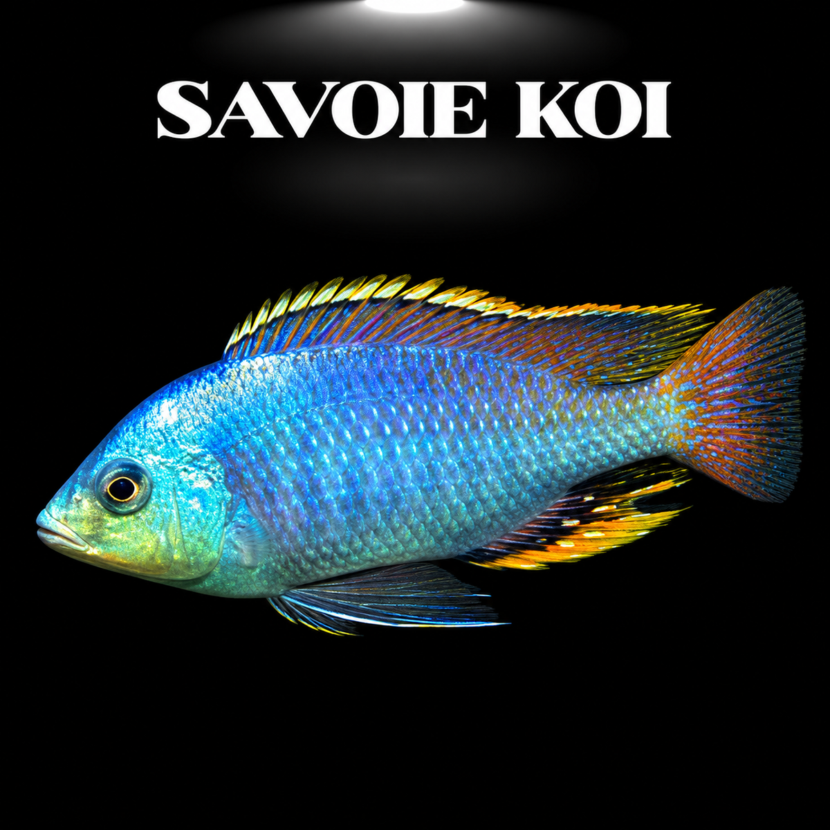 Protomelas similis mâle adulte en livrée nuptiale bleue et rouge, fond noir, Savoie Koi