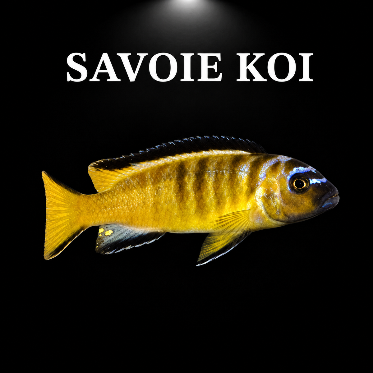 Pseudotropheus elongatus Assysia – femelle jaune vif à barres verticales noires, tête bleue irisée et nageoire dorsale noire, cichlidé Mbuna du lac Malawi – Savoie Koi