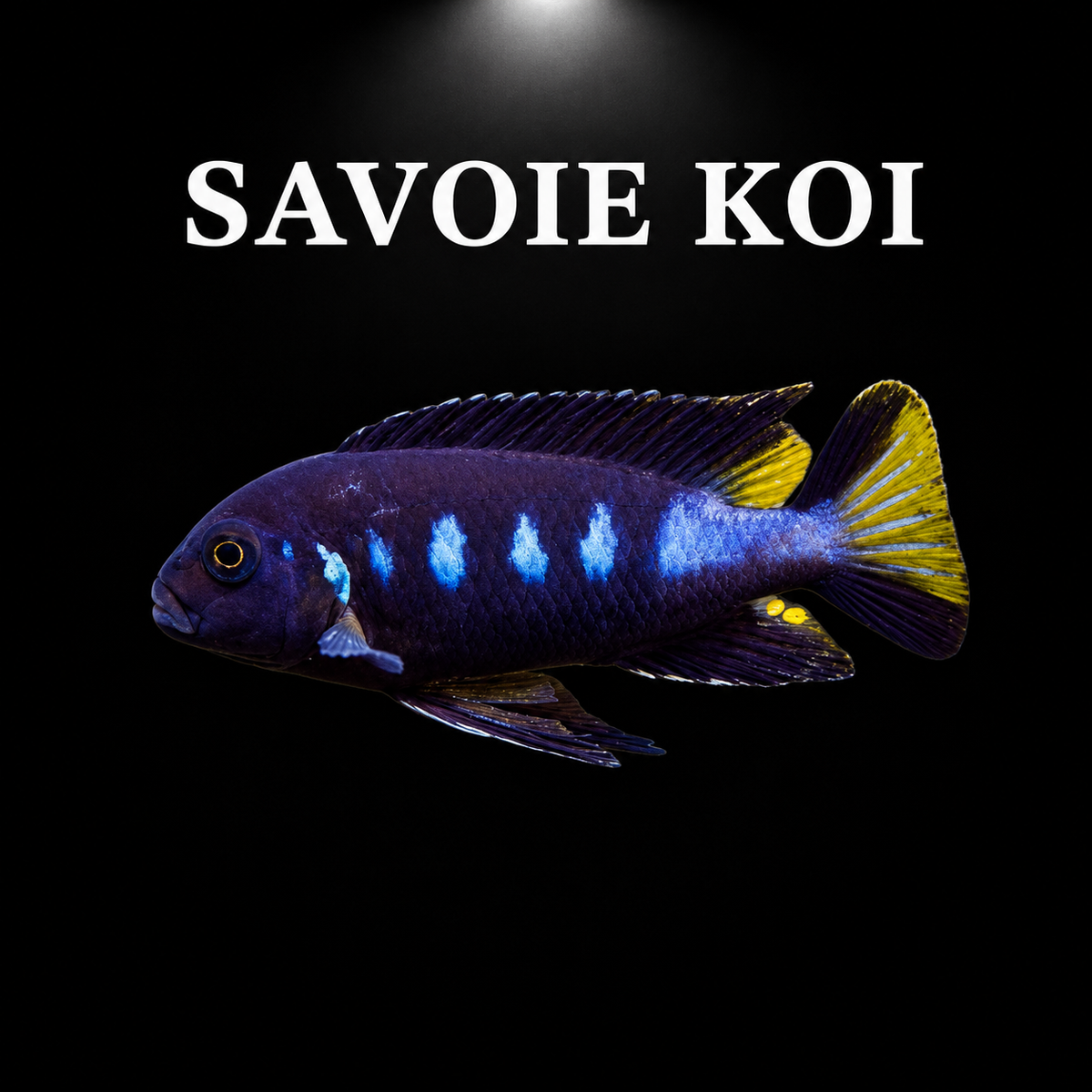 Pseudotropheus elongatus Chewere – mâle adulte bleu-violet foncé à taches bleues néon irisées sur les flancs et queue jaune vif, cichlidé Mbuna du lac Malawi – Savoie Koi