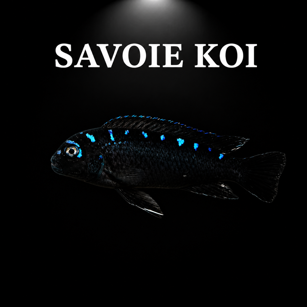 Pseudotropheus elongatus Neon Spot – mâle adulte noir profond à taches bleues néon irisées sur les flancs et la nageoire dorsale, cichlidé Mbuna du lac Malawi – Savoie Koi
