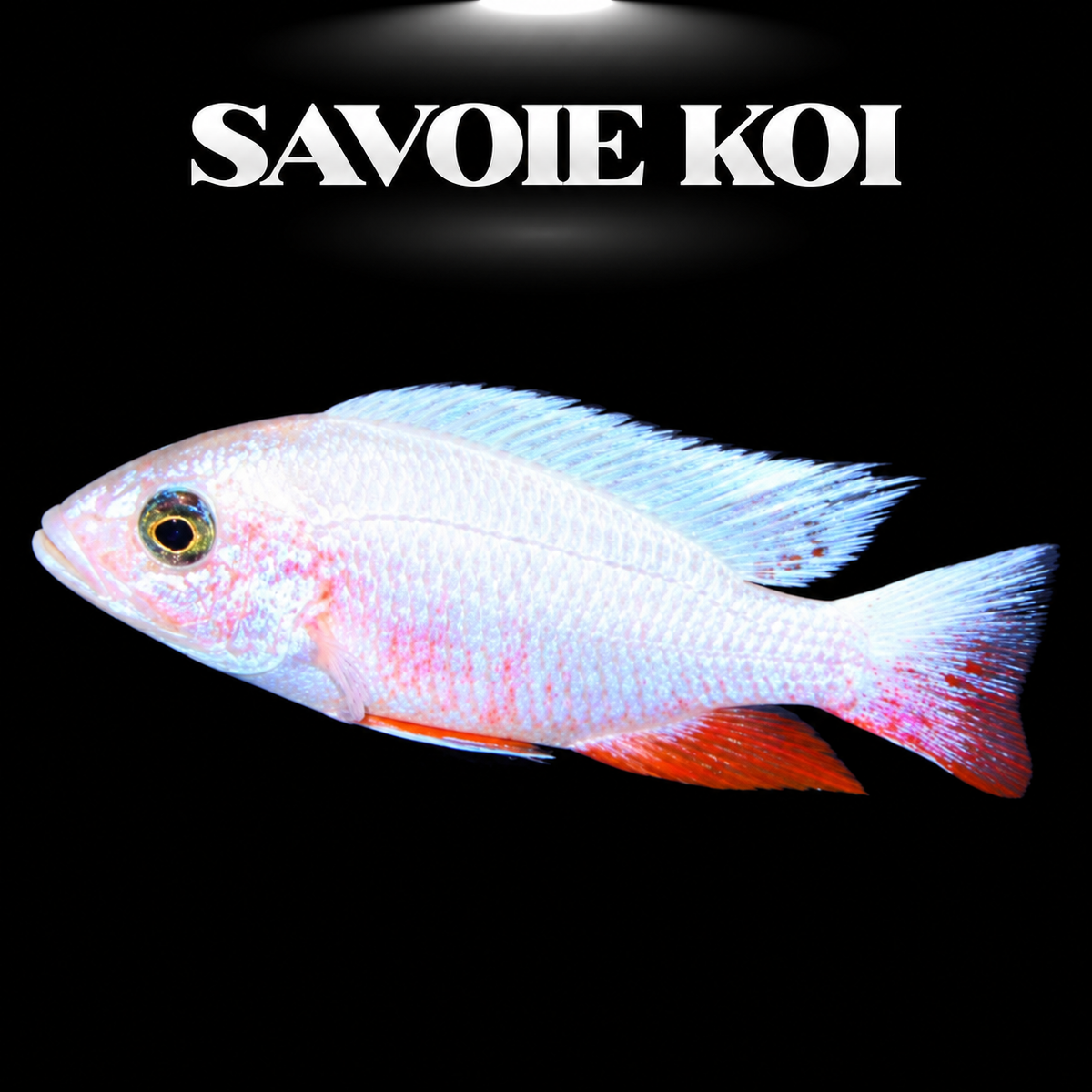 Sciaenochromis fryeri Snow White 5-7 cm — variété blanche immaculée de l'Electric Blue Hap du Lac Malawi, robe nacrée, spécimen sélectionné | Savoie Koi