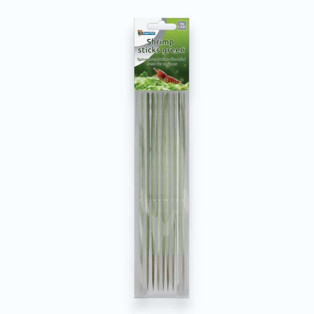 Superfish Shrimp Sticks Green 10x1.2g — bâtonnets spiruline et algues vertes pour crevettes d'aquarium Neocaridina et Caridina