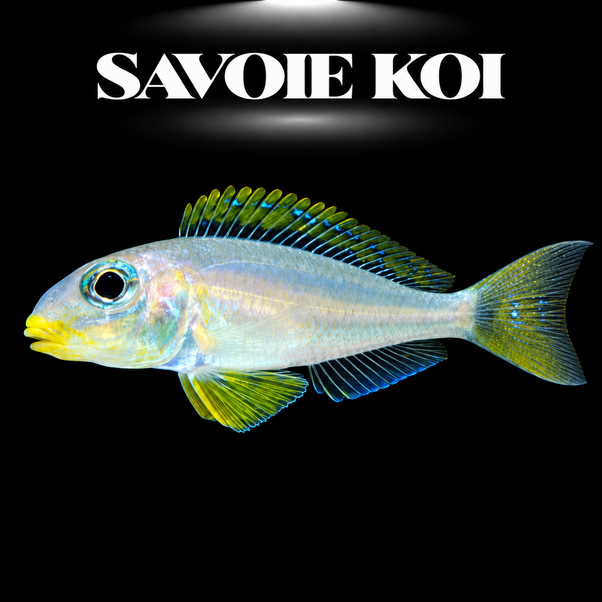 Xenotilapia flavipinnis Nyanza F1 4-5 cm — cichlide des sables argent iridescent nageoires jaune-soufre en groupe, fond noir, SAVOIE KOI