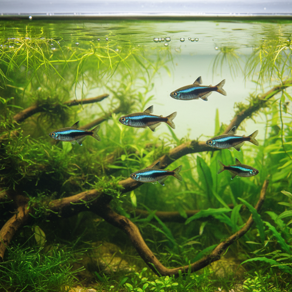Hyphessobrycon herbertaxelrodi (Tétra néon noir) en petit groupe dans aquarium planté amazonien, montrant la double bande horizontale noir et blanc argenté caractéristique